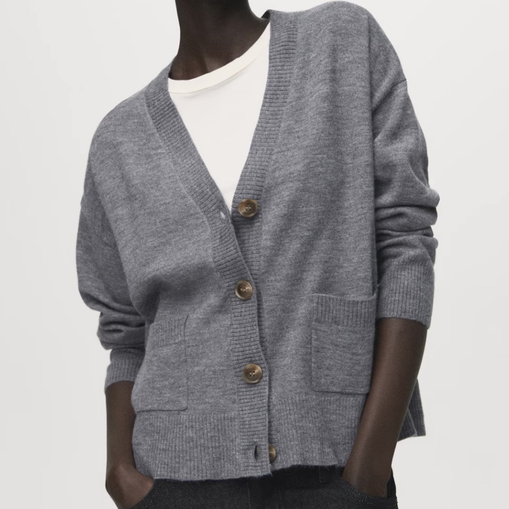 Mango Charcoal Cardigan Sweater V-NECK CARDIGAN WITH POCKETS